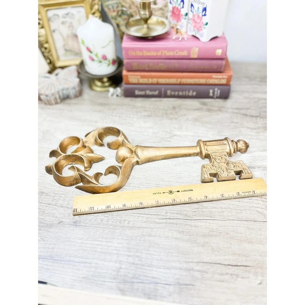 Heavy Faux Brass Ornate Gold Key - Cast Iron Wall Decor